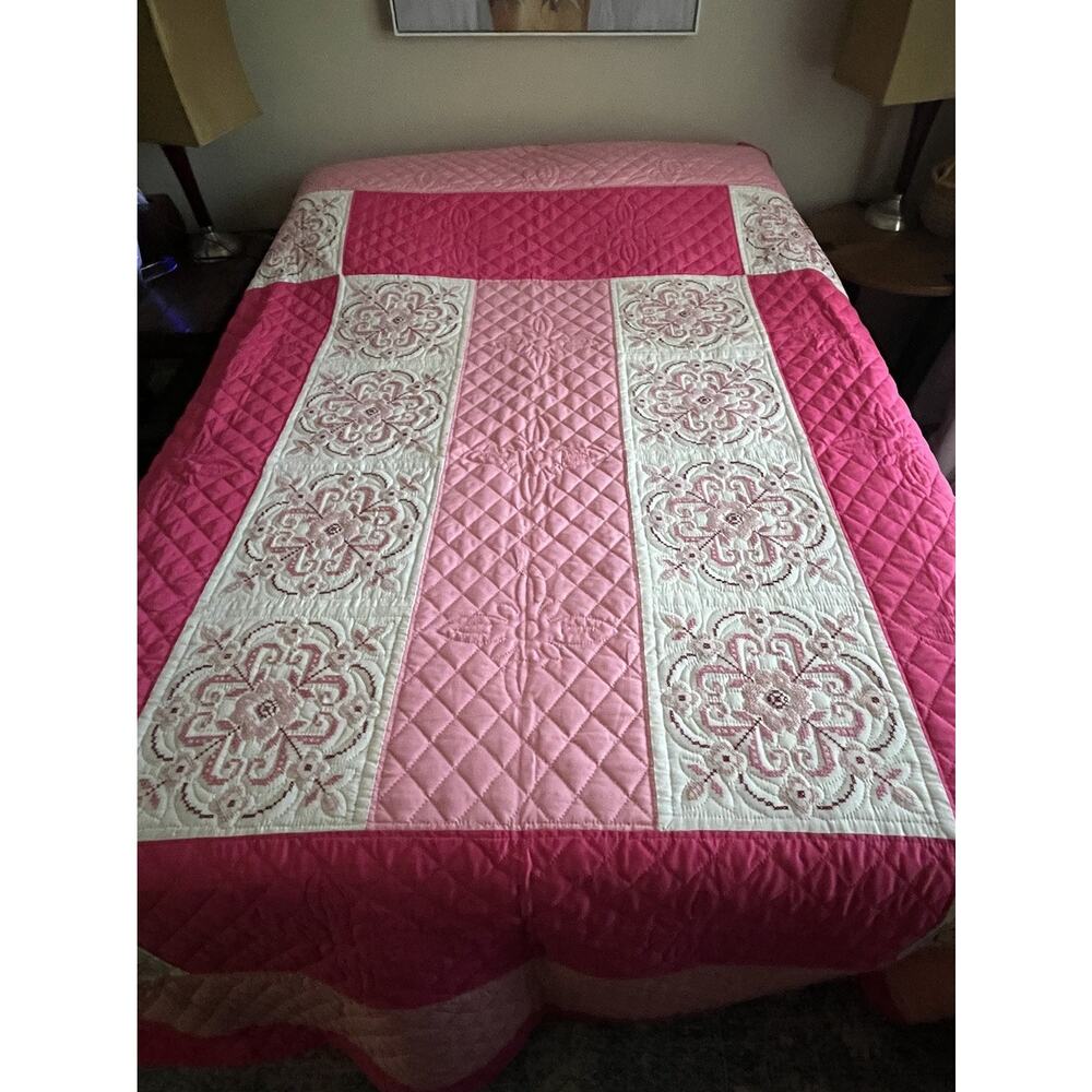 Cross Stitch Quilt 104x84" Pink Magenta Queen Floral Girls Room Flowers Prairie
